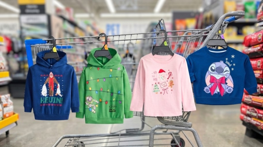 kids hoodies and tee on a shopping cart