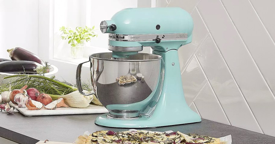 teal kitchenaid mixer on countertop