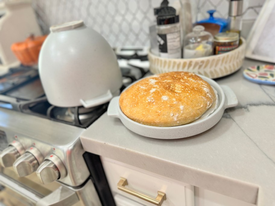 kitchenaid bread bowl on counter showing fresh loaf of bread