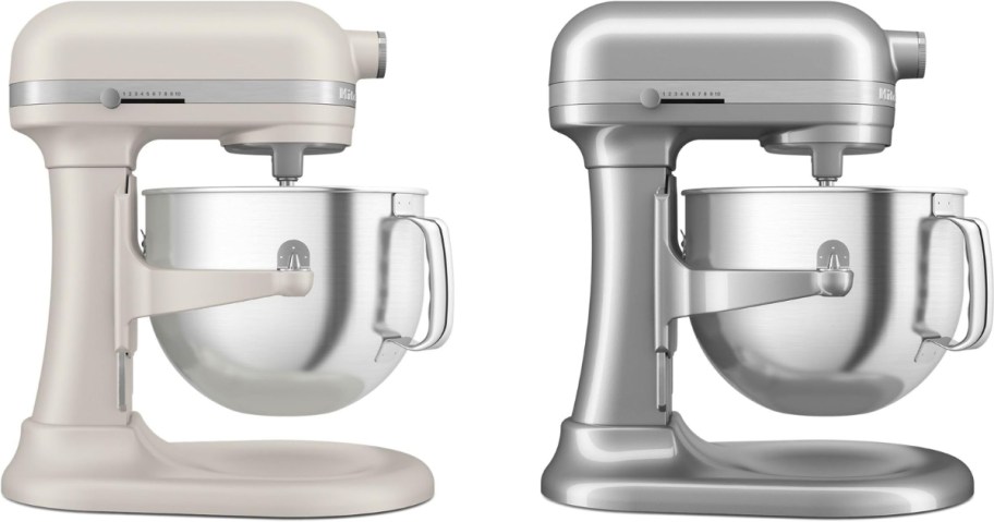 KitchenAid stand mixers in Milkshake (cream color) and silver, both have silver mixing bowls in them