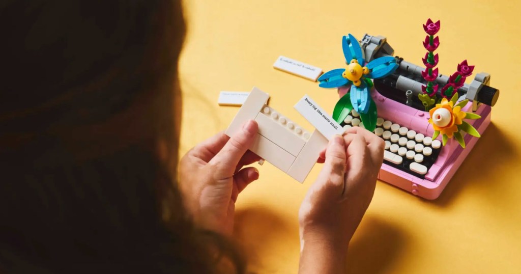 pink lego typewriter with flowers