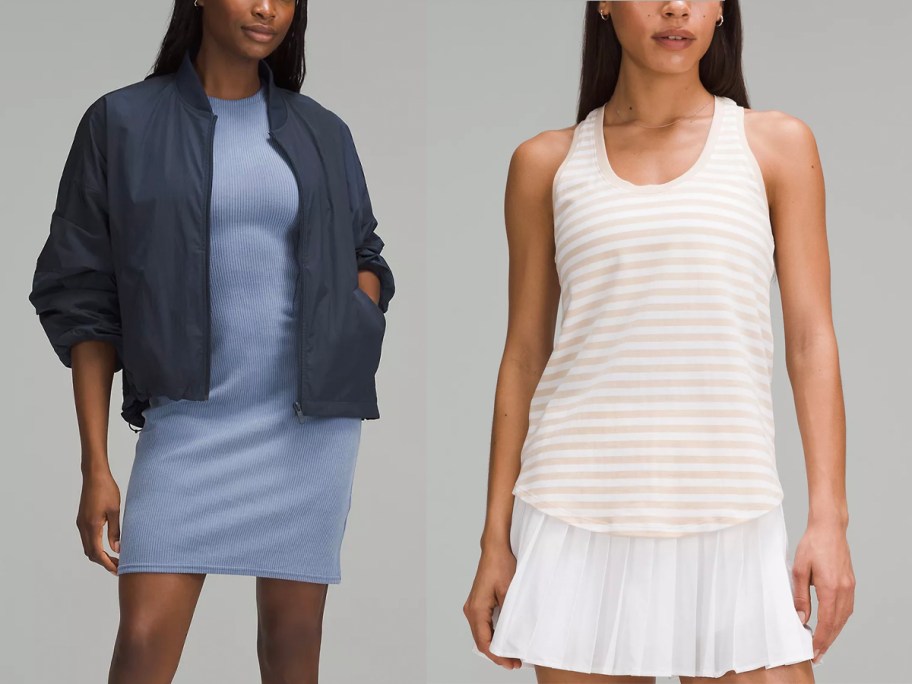 women wearing blue dress and white tank top 