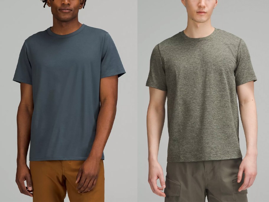 two men wearing teal and green shirts 