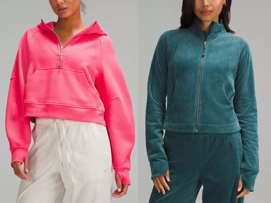 two women wearing pink and green scuba jackets 