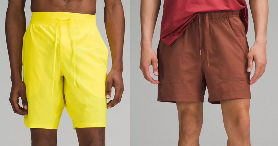 two men wearing yellow and orange shorts 