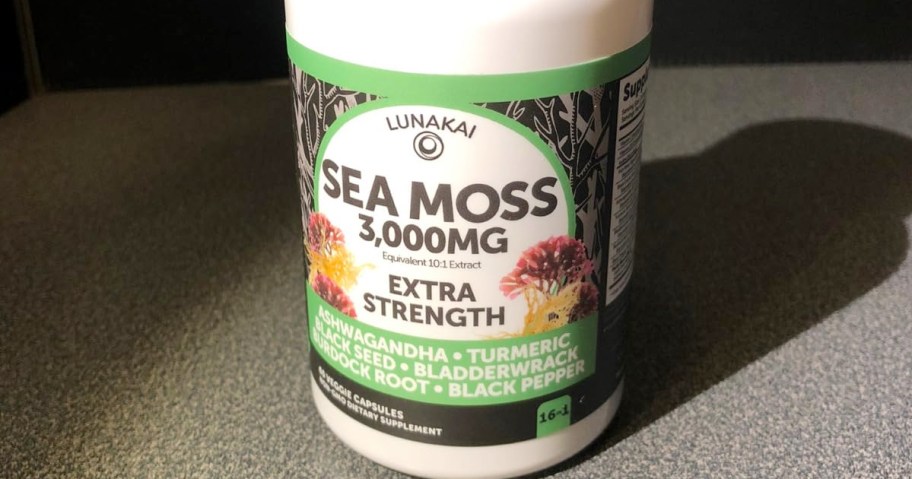 bottle of sea moss capsules on table