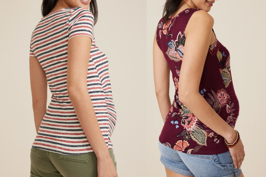 women in striped and floral maternity shirts