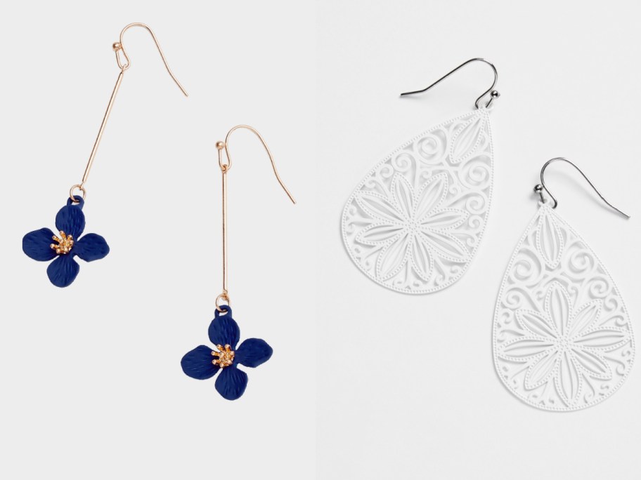 blue flower and white macrame earrings