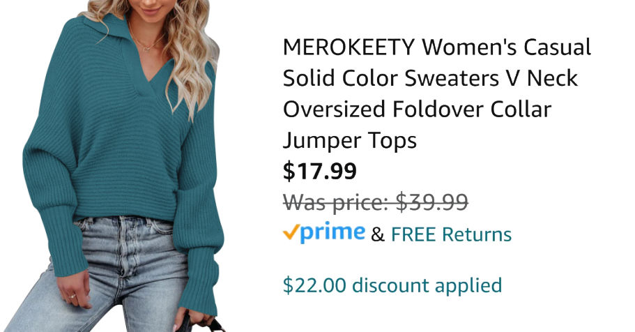 woman wearing teal sweater next to Amazon pricing information