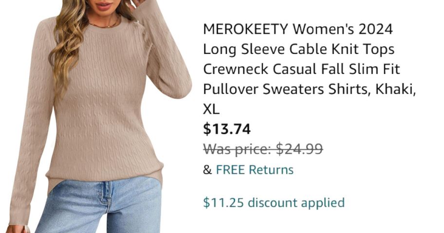 Woman wearing tan sweater next to Amazon pricing information