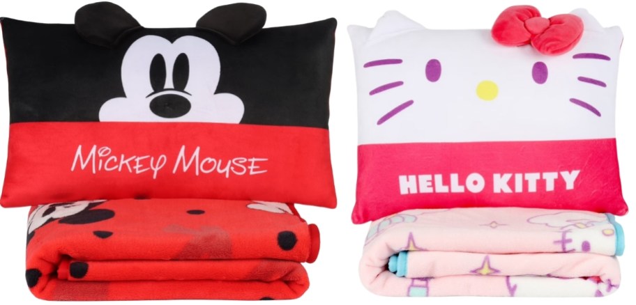 mickey mouse and hello kitty pillow and throw sets