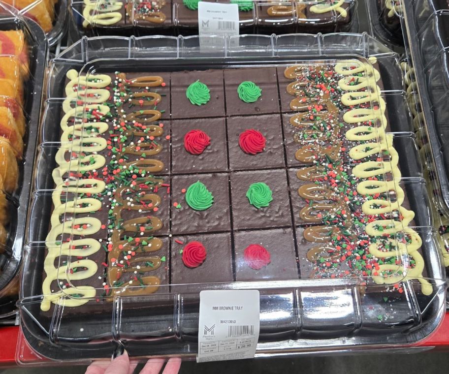 a womans hand holding a container of holiday brownies