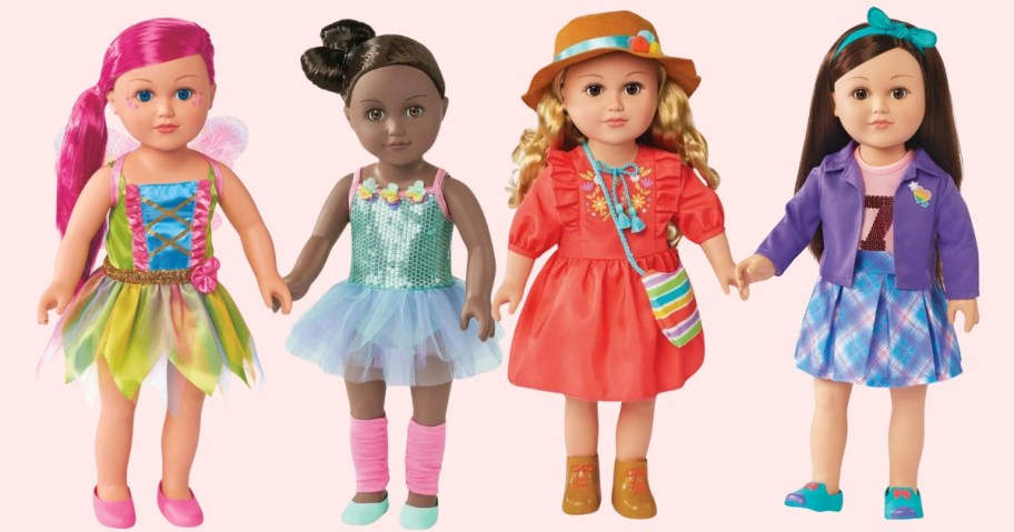 four dolls, one with pink hair dressed in a fairy costume, one with black hair dressed in a ballerina outfit, one with blonde hair in a hat and orange dress, and one with brown hair in a plaid skirt and jacket