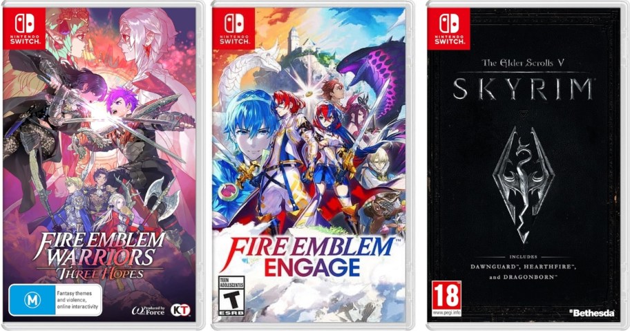 Nintendo Switch Game boc covers- Fire Emblem Warriors: Three Hopes, and Fire Emblem: Engage Game and The Elder Scrolls V: Skyrim Standard Edition 