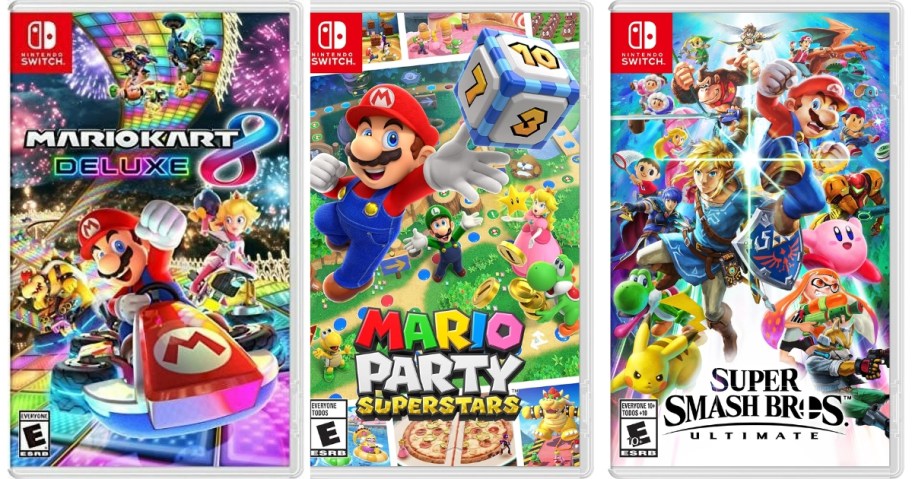 Nintendo Switch Games - Mario Kart 8 Deluxe, Mario Party Superstars and Super Smash Bros Ultimate