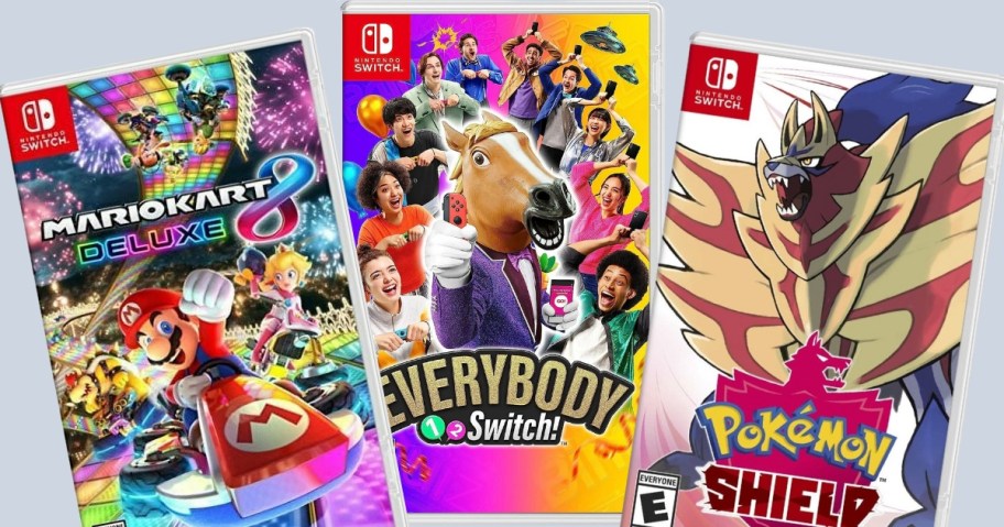 Nintendo Switch Games - Mario Kart 8 Deluxe, Everybody Switch Now, and Pokemon Shield