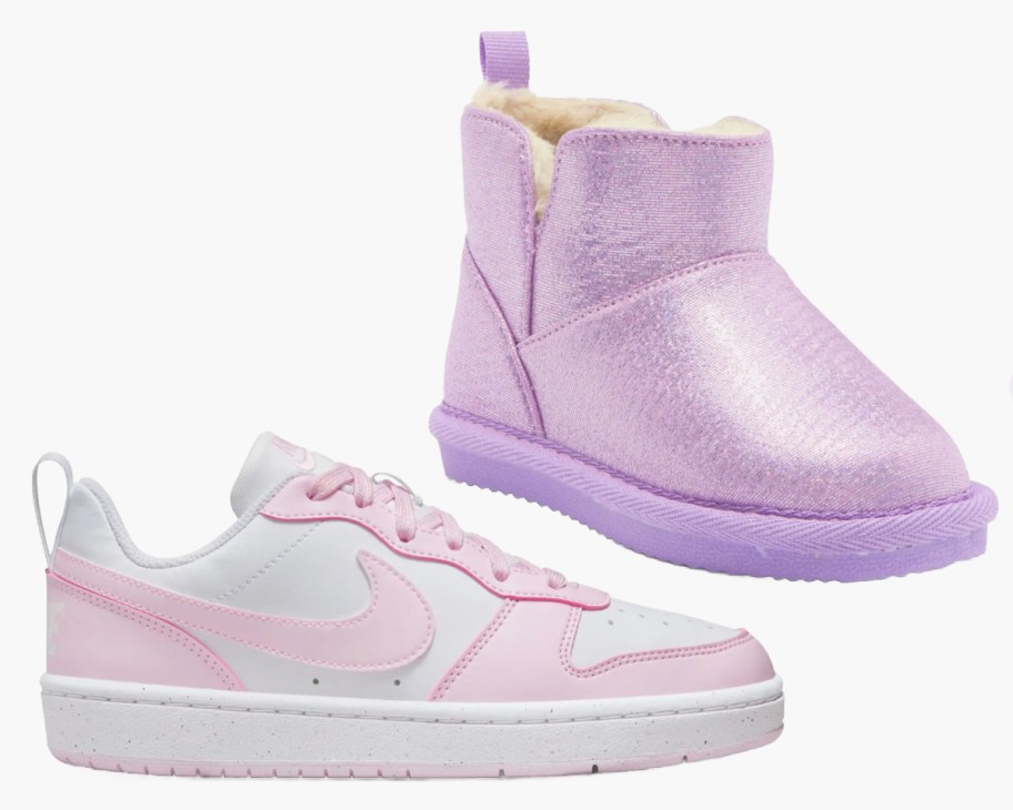kids purple boots and pink nikes