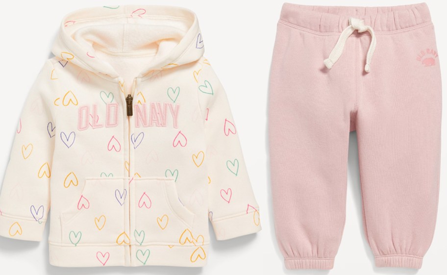 old navy hearts sweatshirt and pink pants 