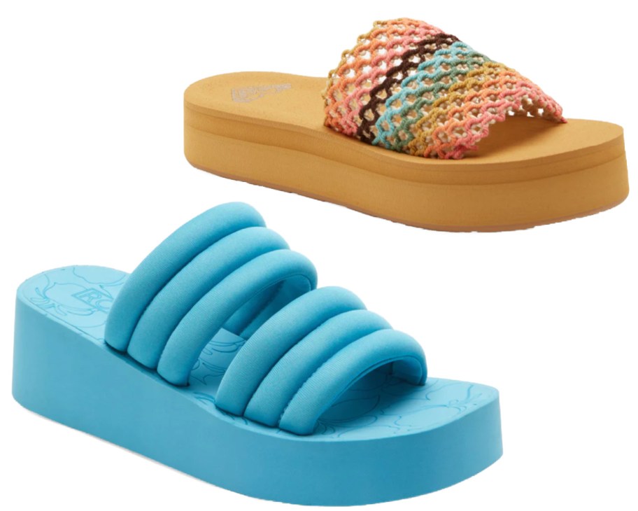 blue and rainbow slide sandals