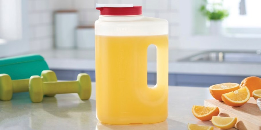pitcher with juice inside on counter