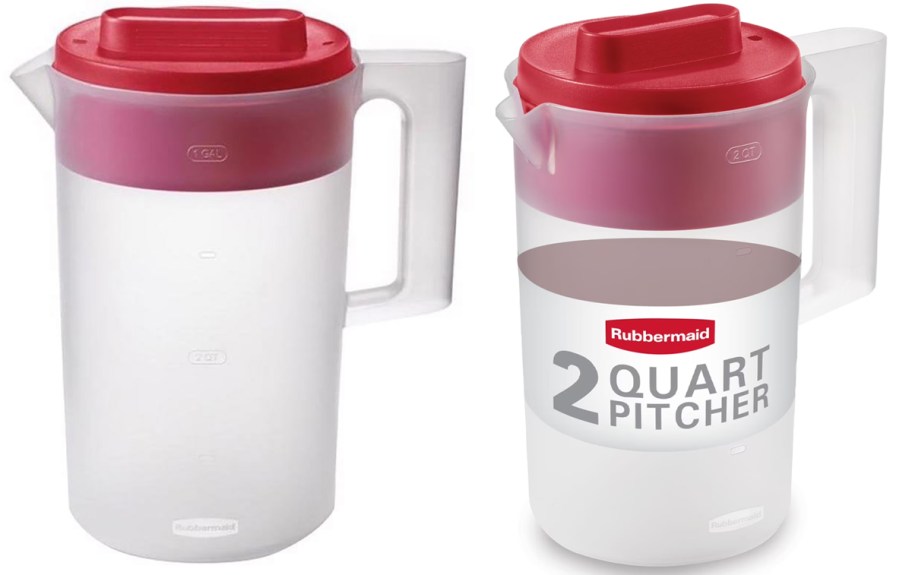 two pitchers with red lids 