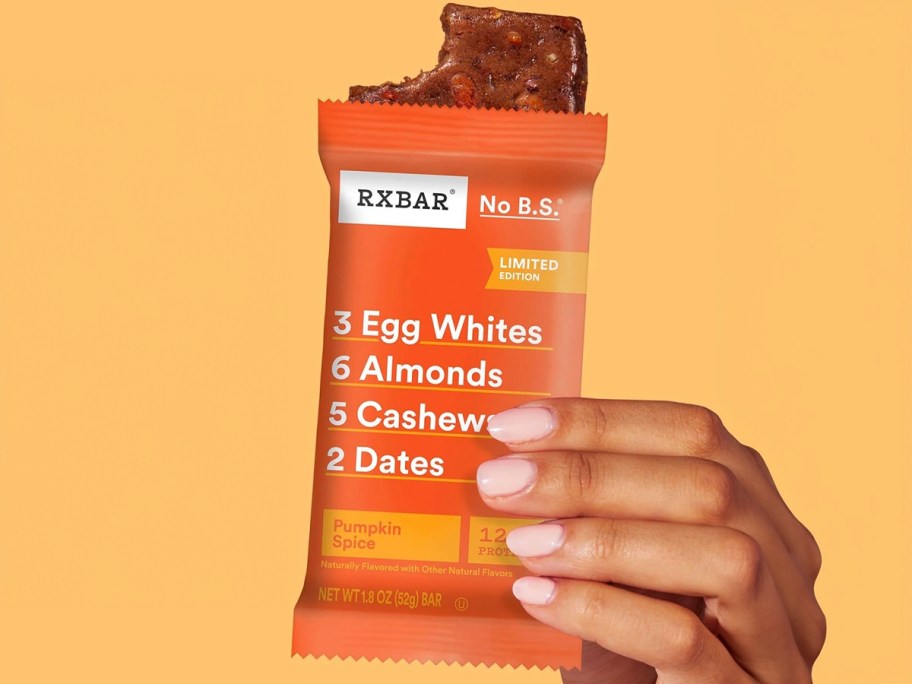 hand holding rxbar pumpkin spice 