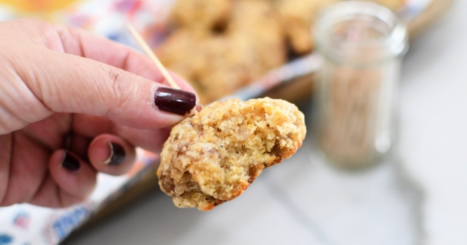 cheddar bay sausage ball on a toothpick