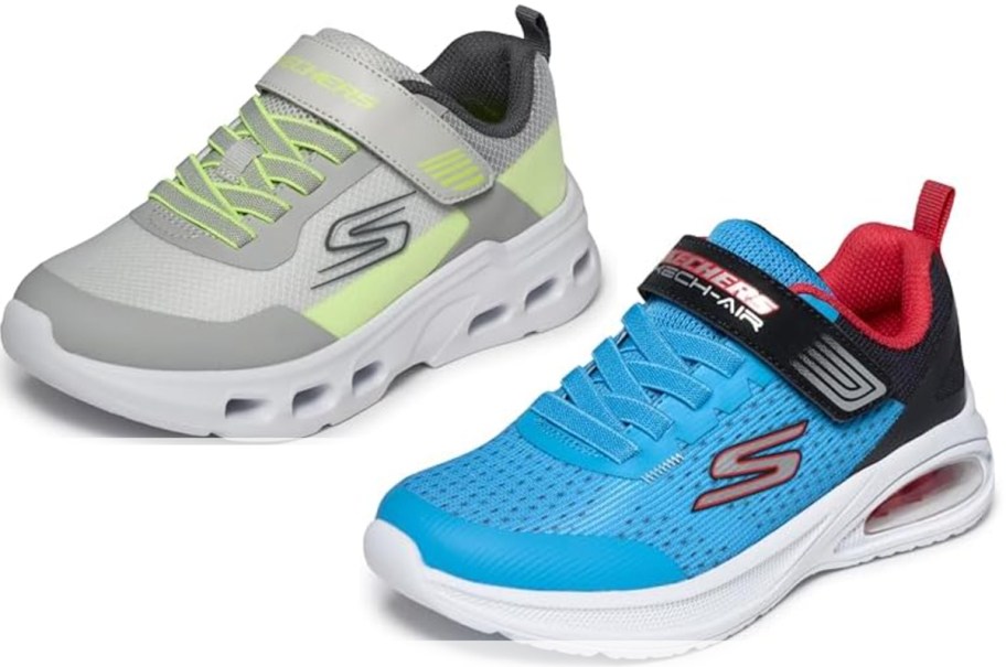 gray and green, and blue and red sketchers shoes 