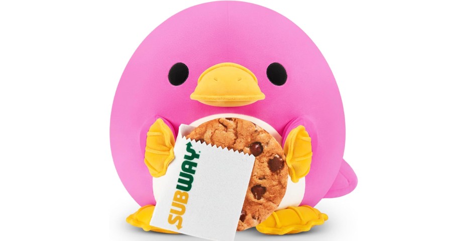 pink penguin plush holding subway cookie