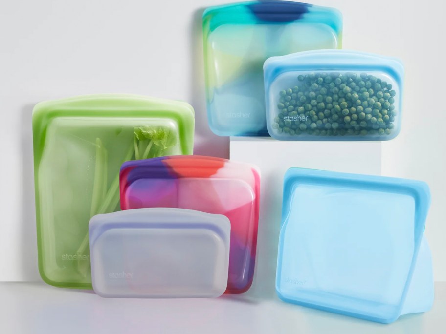 green, blue, purple and multicolored lunch bags 