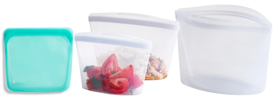stasher sandwich bag, and three stasher bowl bags