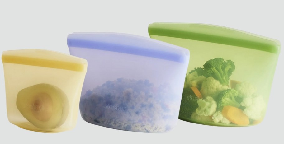 three bowl stasher bags in 3 different sizes