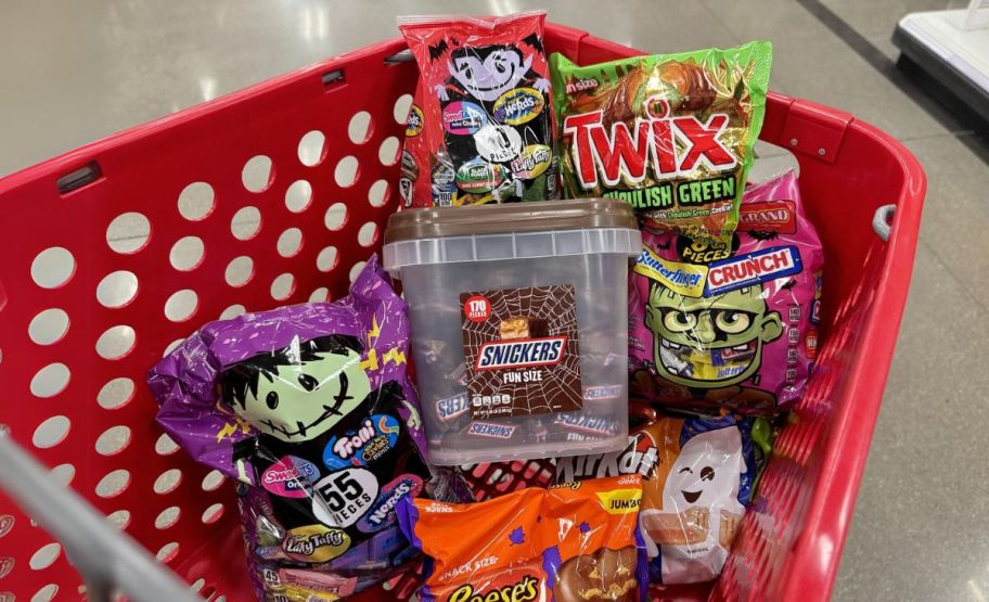 target cart filled with a variety of halloween candy bags