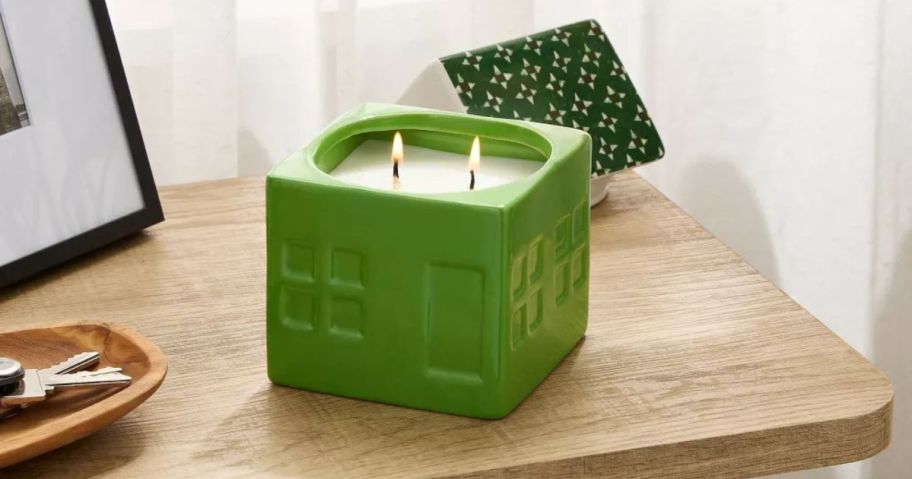green Threshold 2-Wick Ceramic Lidded House 14oz Candle on table