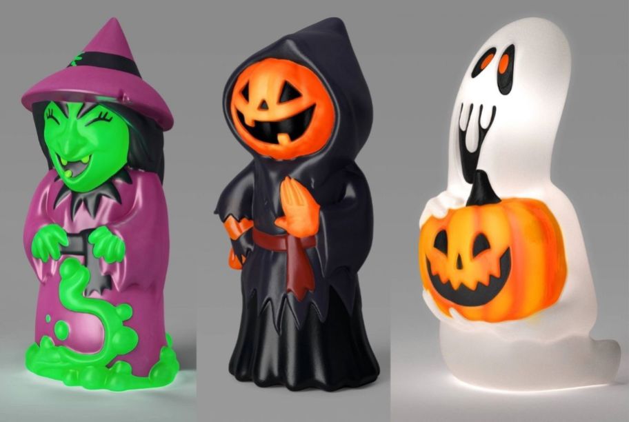 a witch, pumpkin head and ghost plastic light up blowmolds