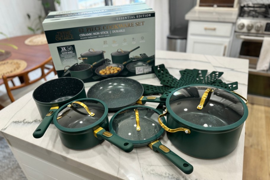 green granite cookware with gold handles