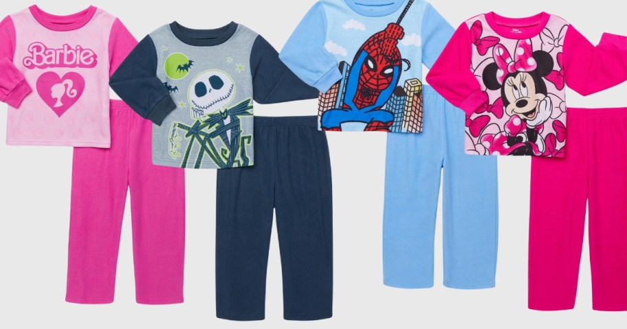 kids long sleeve pajama sets with pants with different characters on them Barbie, Jack Skellington, Spiderman, and Minnie Mouse