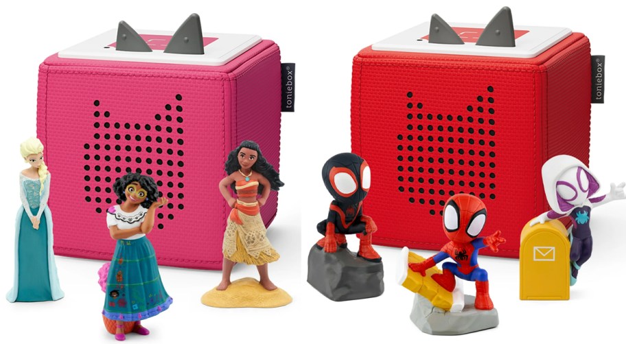 pink and red tonies audio boxes with character figures 