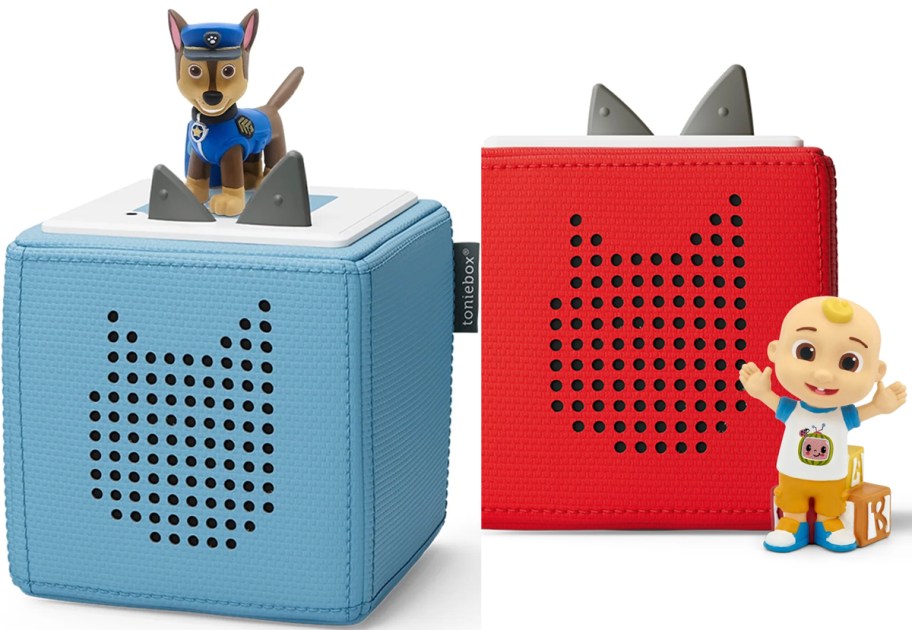 blue paw patrol tonies box and red cocomelon box 