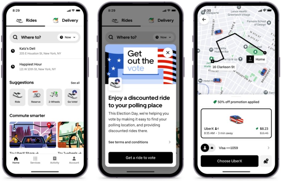 three phone screens showing Uber app on election day