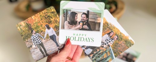 walgreens photo coasters in a woman's hand