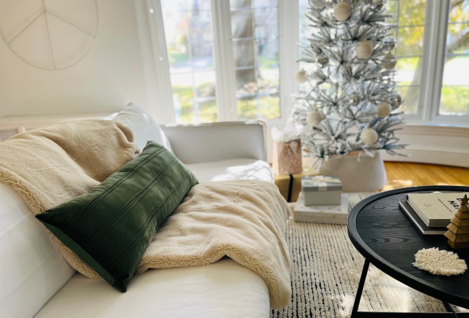 sofa with large green lumbar pillow in middle with tree in background