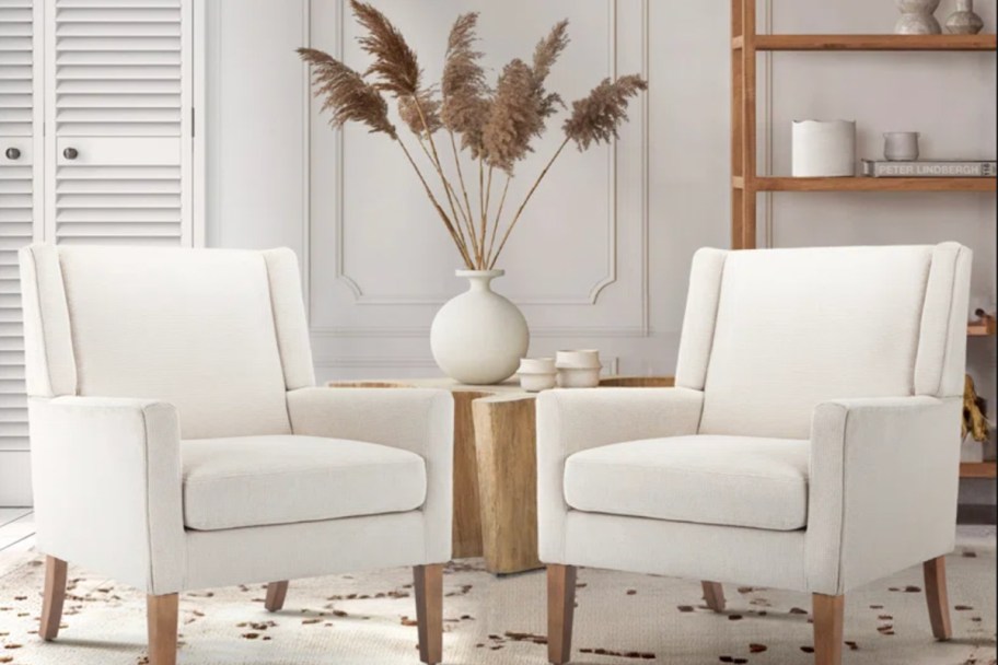 two beige armchairs