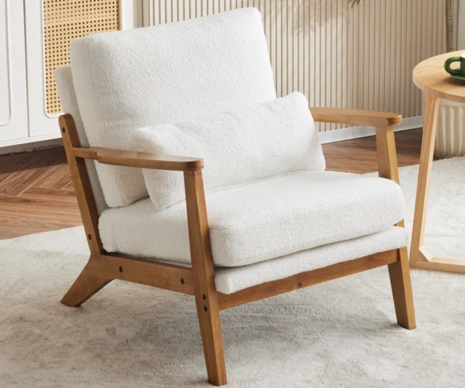 white velvet and wood accent chair