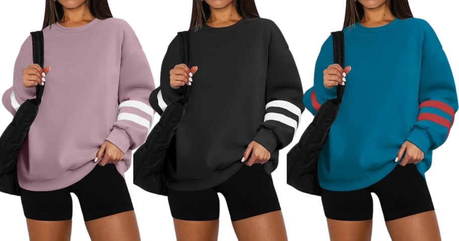 3 women wearing different color oversized sweatshirts with 2 stripes on the sleeves