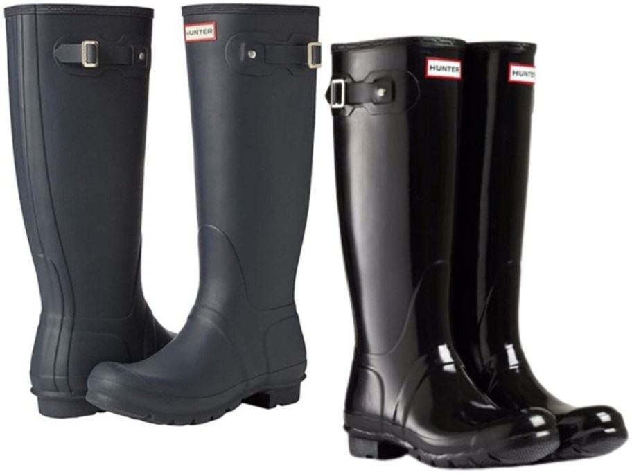 a pair of women's black rubber tall Hunter boots and a pair of women's tall shiny black rubber Hunter boots