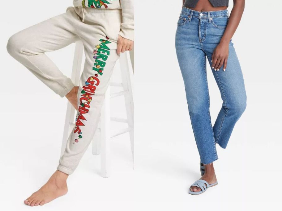 two women wearing grinch joggers and jeans