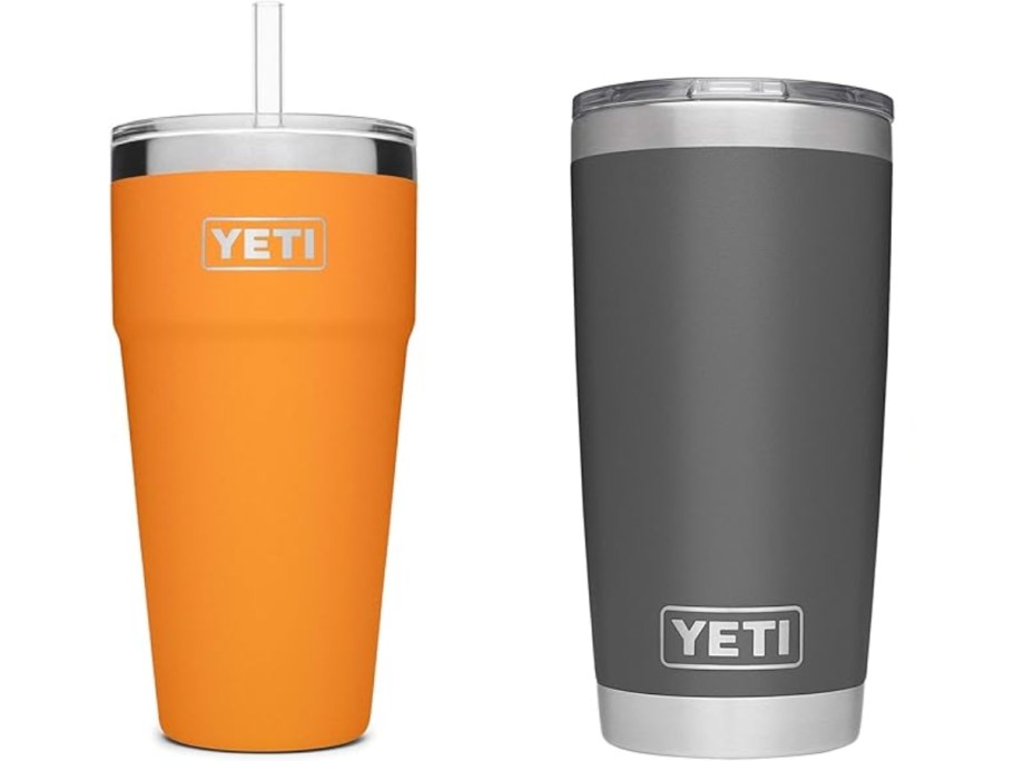 an orange YETI straw tumbler and a charcoal grey YETI hot cup style tumbler