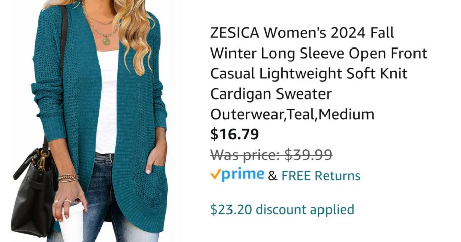 Woman wearing turquoise cardigan next to Amazon pricing information