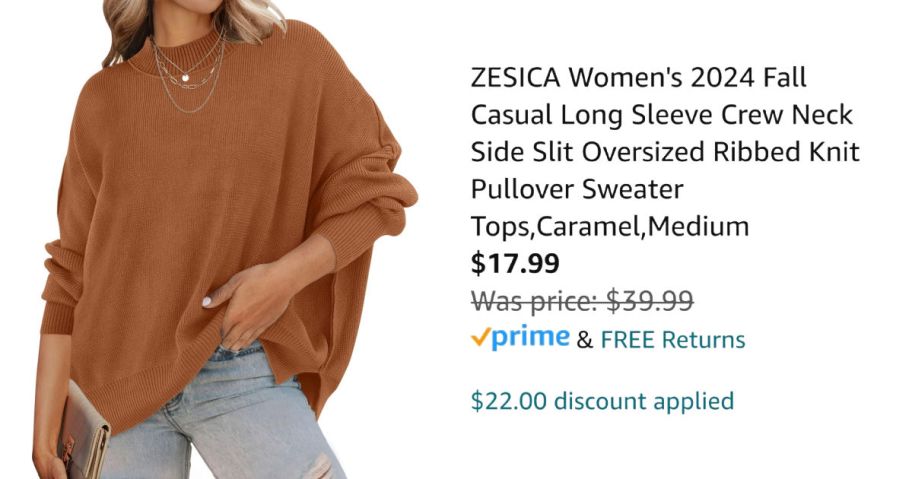 Woman wearing oversized sweater next to Amazon pricing information